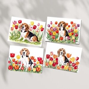 Beagle in a Field of Tulips, Spring Collection Blank Note Card Set